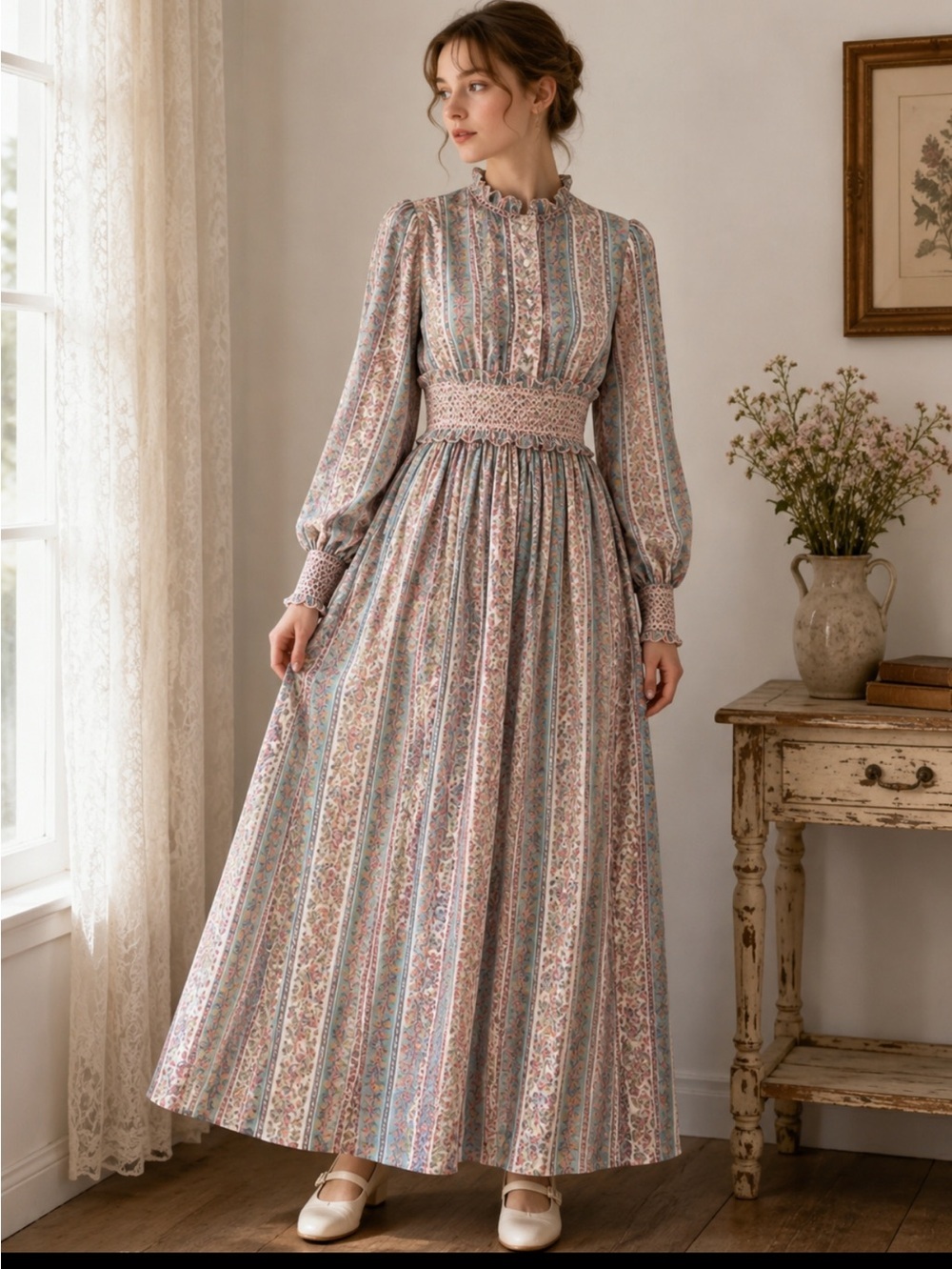 Vintage 1970s pastel pink maxi dress smocked waist size XS boho y2k